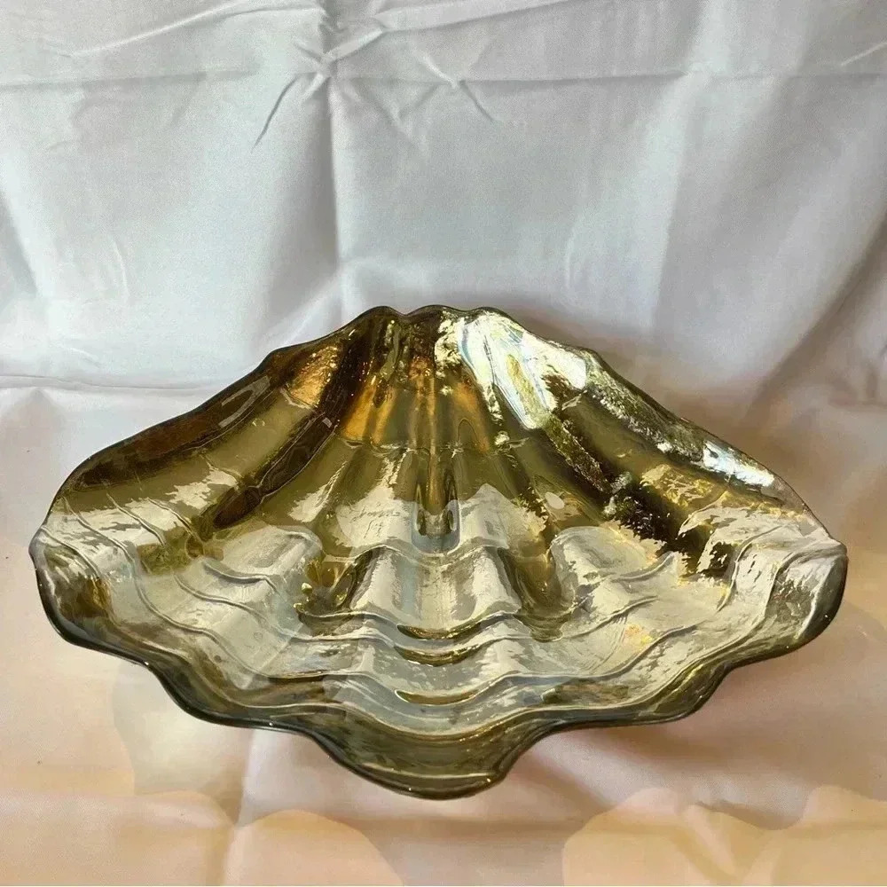 Gorgeous Handmade Gold Foiled Glass Decorative Halfshell Clam Dish Large